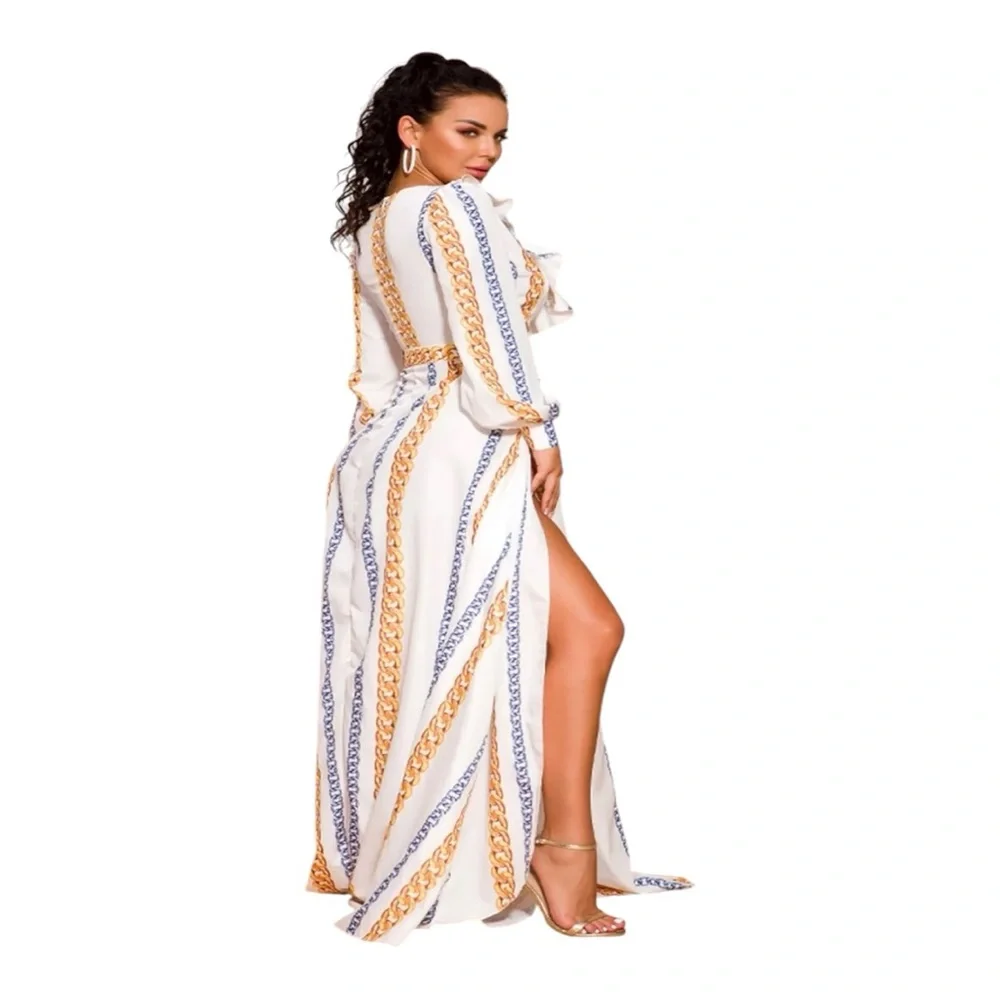 Chain Print Split Thigh Plunge Neck Ruffle Maxi Event Flowy Dress Size Large - Picture 1 of 8